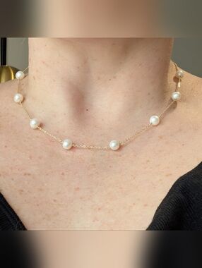 Cultured Pearl Station Necklace - 14k Gold Over Sterling Silver